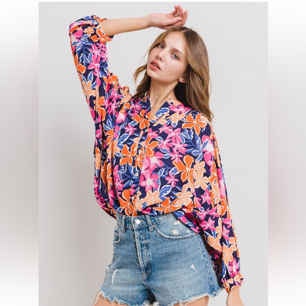14 Boho Floral Print Button Down Blouse Top
